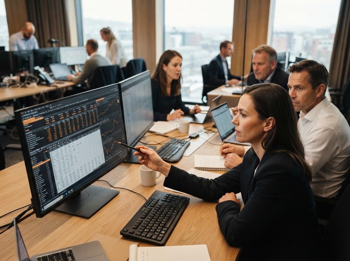 Oljefondet analytikere som gjennomgår modelldata på skjerm